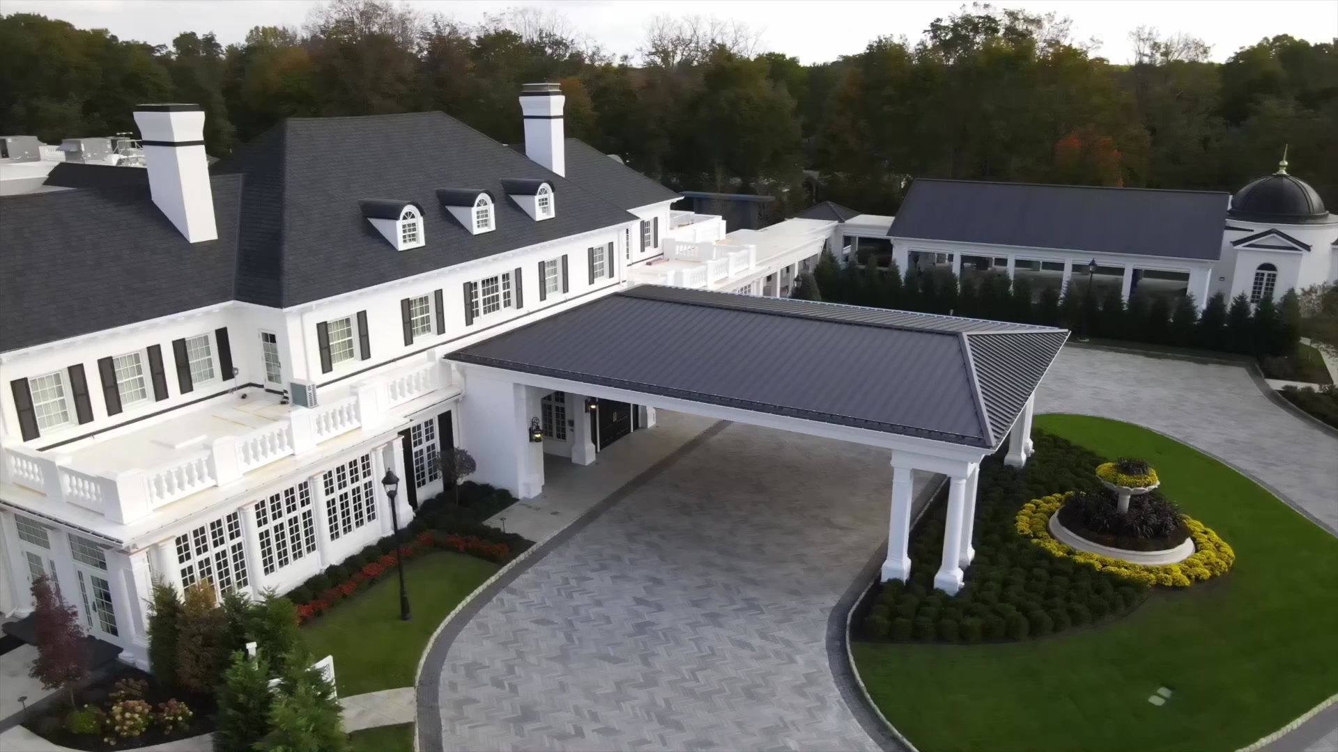 Aerial view of the Shadowbrook mansion and its porte-cochère